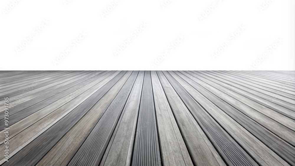 Empty terrace with metallic grey stained wooden floor on white background, with clipping path included