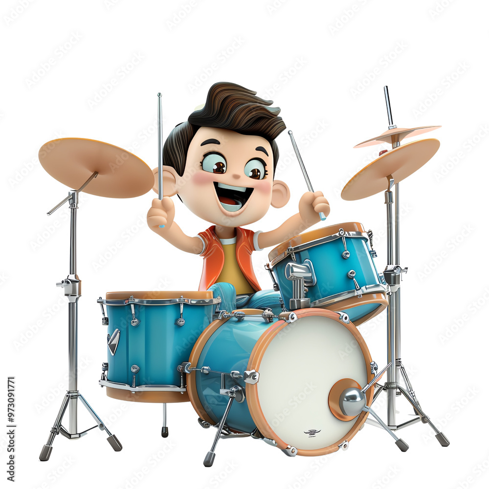 Fototapeta premium A cheerful cartoon boy enthusiastically playing a blue drum set, expressing joy and excitement in music.