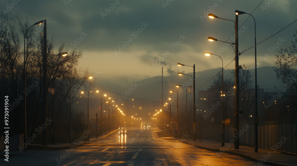 Bright streetlights illuminate the city after the sun goes down. Bright streetlights illuminate the city after the sun goes down.