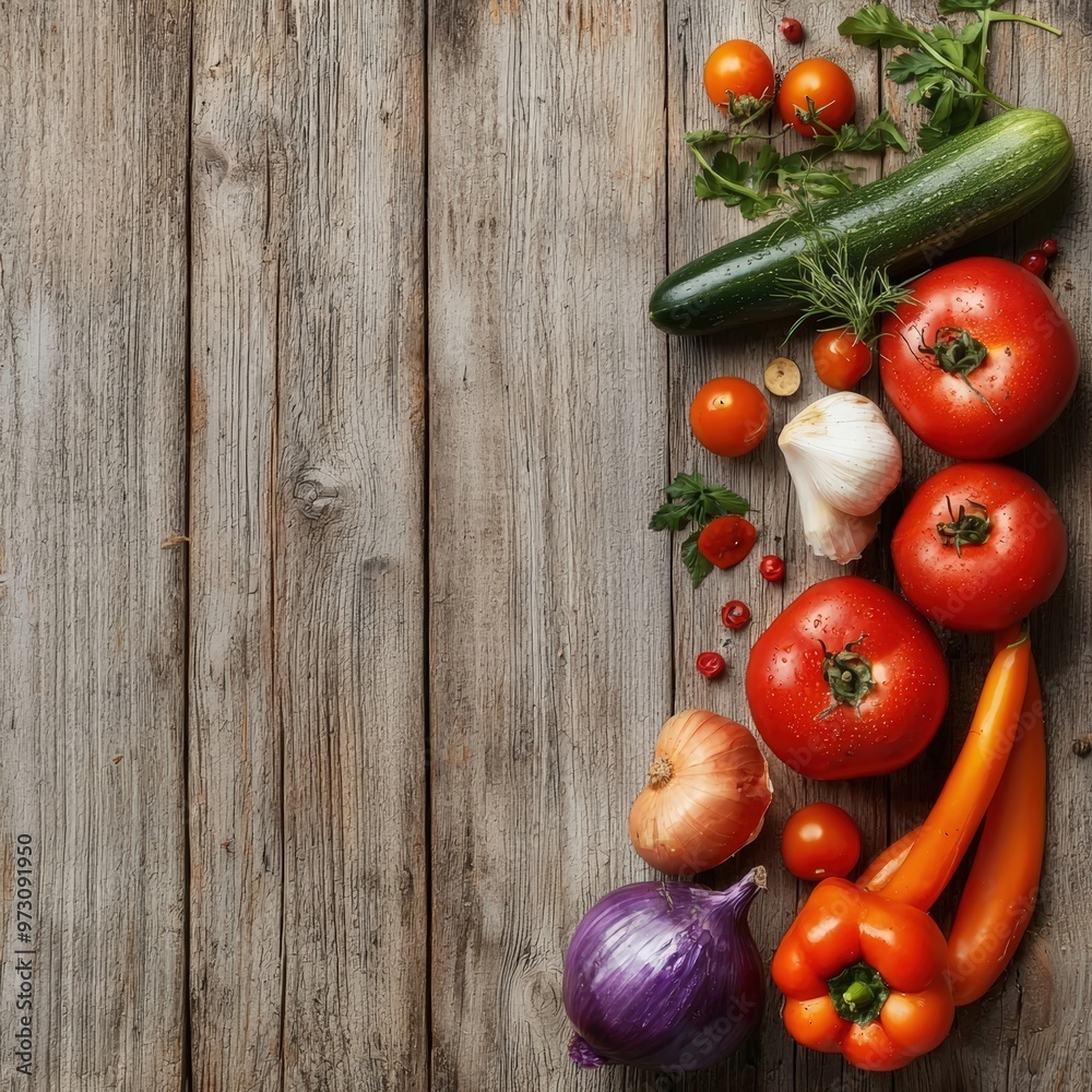 A vibrant arrangement of fresh vegetables on a rustic wooden background, showcasing nature's bounty in a healthy lifestyle. A vibrant arrangement of fresh vegetables on a rustic wooden background, showcasing nature's bounty in a healthy lifestyle.