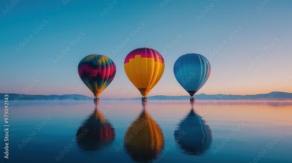 Fototapeta premium Vibrant hot air balloons drifting over a calm lake at dawn, the water reflecting the clear sky, Tranquil, soft light, serene atmosphere
