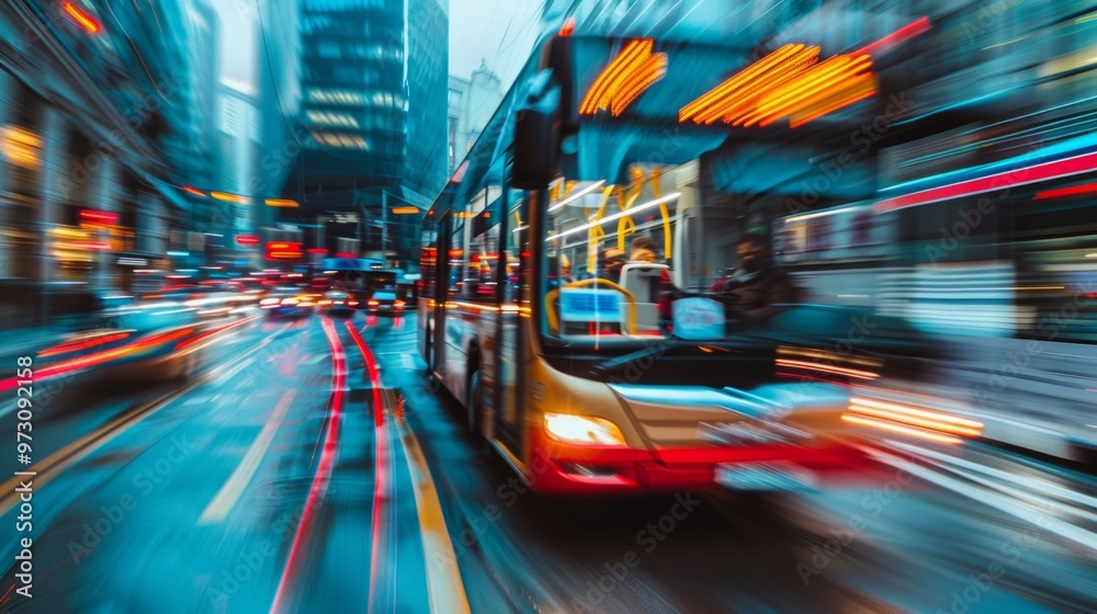 Φωτογραφία A vibrant Hong Kong street at night: red bus in motion, neon lights, bustling atmosphere