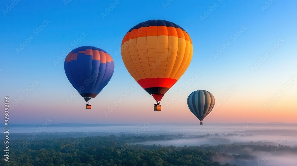 Fototapeta premium Hot air balloons rising over a misty forest at dawn, the sky clearing to reveal bright blue, Peaceful, ethereal, soft light