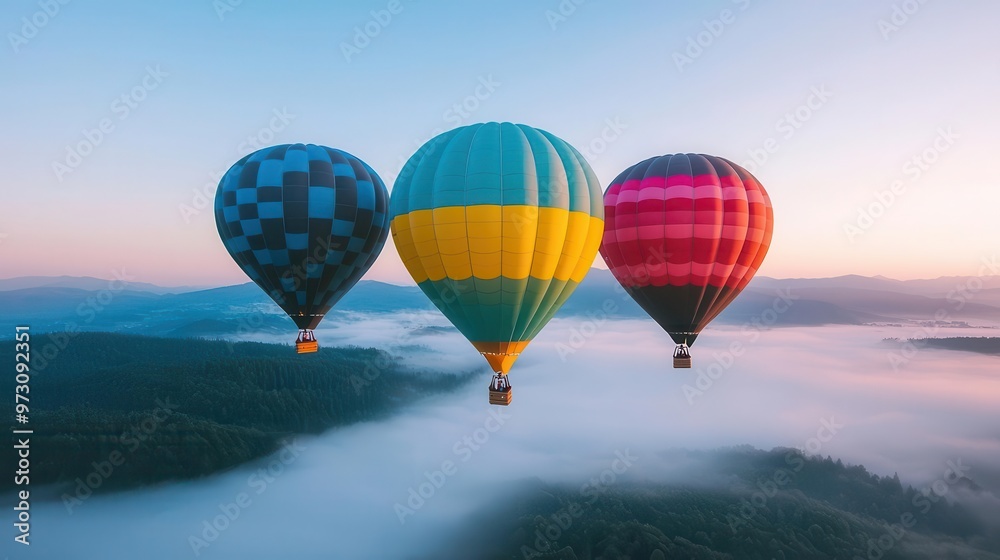 Fototapeta premium Hot air balloons rising over a misty forest at dawn, the sky clearing to reveal bright blue, Peaceful, ethereal, soft light
