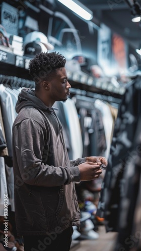 A Black man in a hoodie checks his phone in a store with clothing racks displaying black, white, and gray items. Quiet, personal shopping atmosphere.
