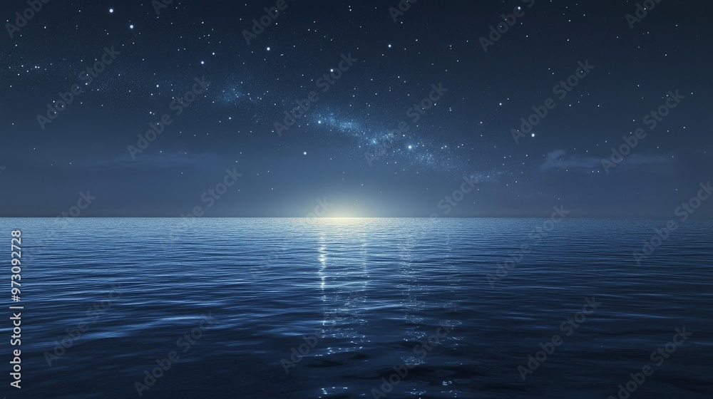 Design an image of a clear night sky over a calm ocean, with the stars reflecting in the still water and creating a peaceful and serene nighttime seascape Design an image of a clear night sky over a calm ocean, with the stars reflecting in the still water and creating a peaceful and serene nighttime seascape