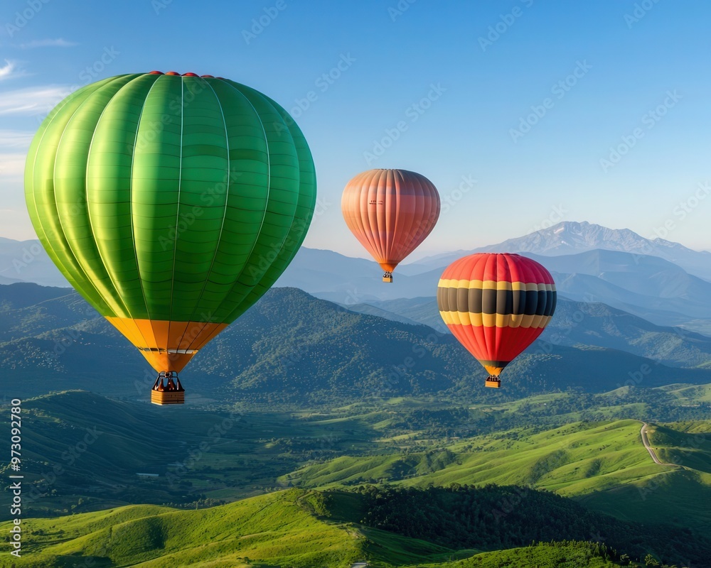 Fototapeta premium A group of hot air balloons soaring over a lush green valley, clear sky above and mountains in the distance, Natural beauty, soft light, peaceful