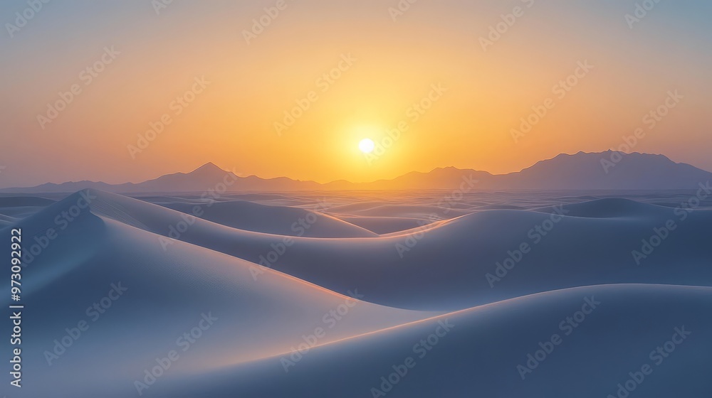 Design an image of a desert sunrise, where the sun slowly ascends over the horizon, casting soft, golden light across the tranquil, undulating dunes Design an image of a desert sunrise, where the sun slowly ascends over the horizon, casting soft, golden light across the tranquil, undulating dunes