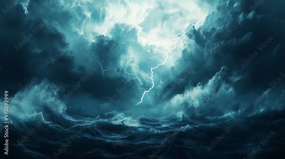 Design an image of a dramatic sky with dark clouds and lightning over a turbulent ocean Design an image of a dramatic sky with dark clouds and lightning over a turbulent ocean