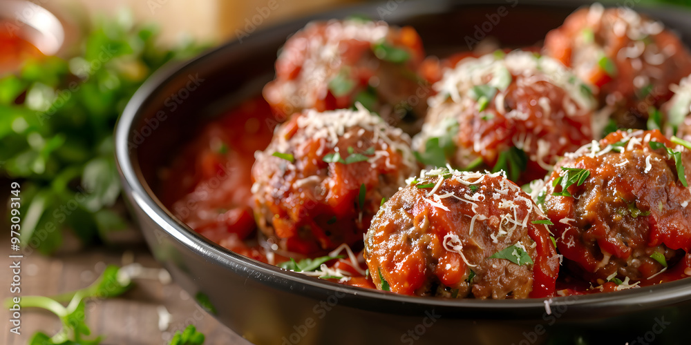 Mouthwatering meatballs with tomato sauce, Parmesan, and parsley served on a rustic wooden platter Mouthwatering meatballs with tomato sauce, Parmesan, and parsley served on a rustic wooden platter
