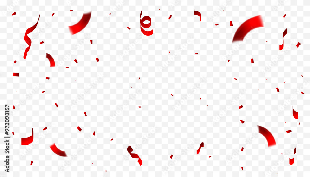 Fotografie Many Falling Red Tiny Confetti And Streamer Ribbons Isolated On Transparent Background