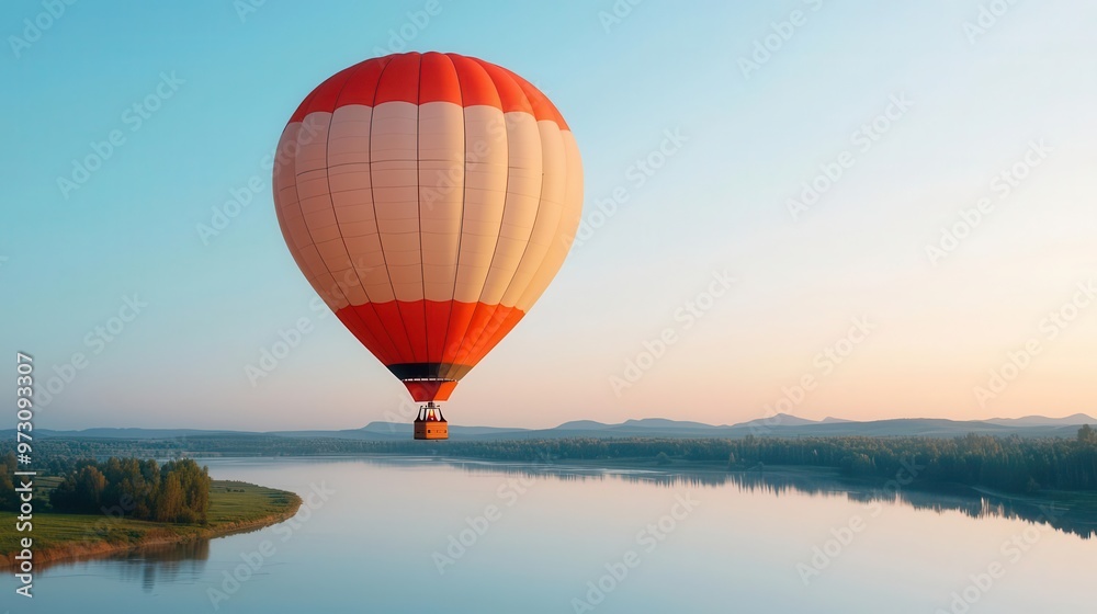 A single hot air balloon rising above a winding river, clear sky reflecting on the water s surface, Calm, soft light, serene A single hot air balloon rising above a winding river, clear sky reflecting on the water s surface, Calm, soft light, serene