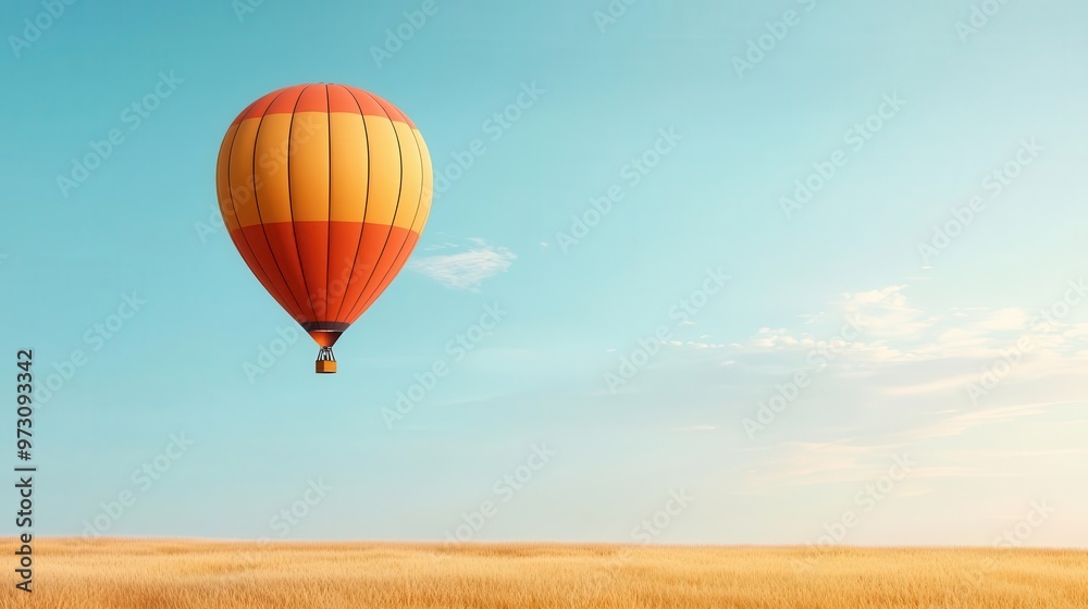 Obraz premium Hot air balloons soaring over a vast savanna, the clear sky above and golden grasslands below, Warm tones, bright sunlight, peaceful