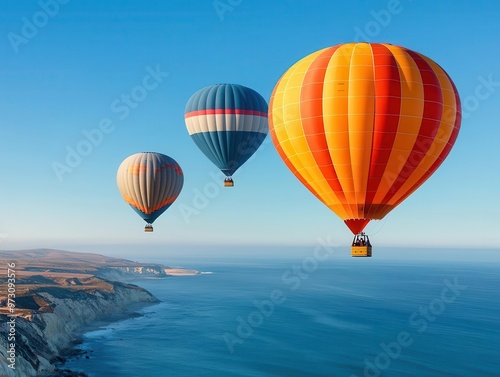 Hot air balloons drifting above a scenic coastline, clear blue sky meeting the ocean below, Peaceful, bright sunlight, tranquil