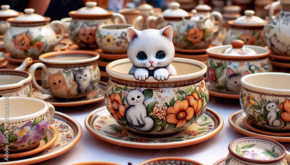italienische Töpferware mit einem Katzenmotiv auf einem Markt in Italien italienische Töpferware mit einem Katzenmotiv auf einem Markt in Italien