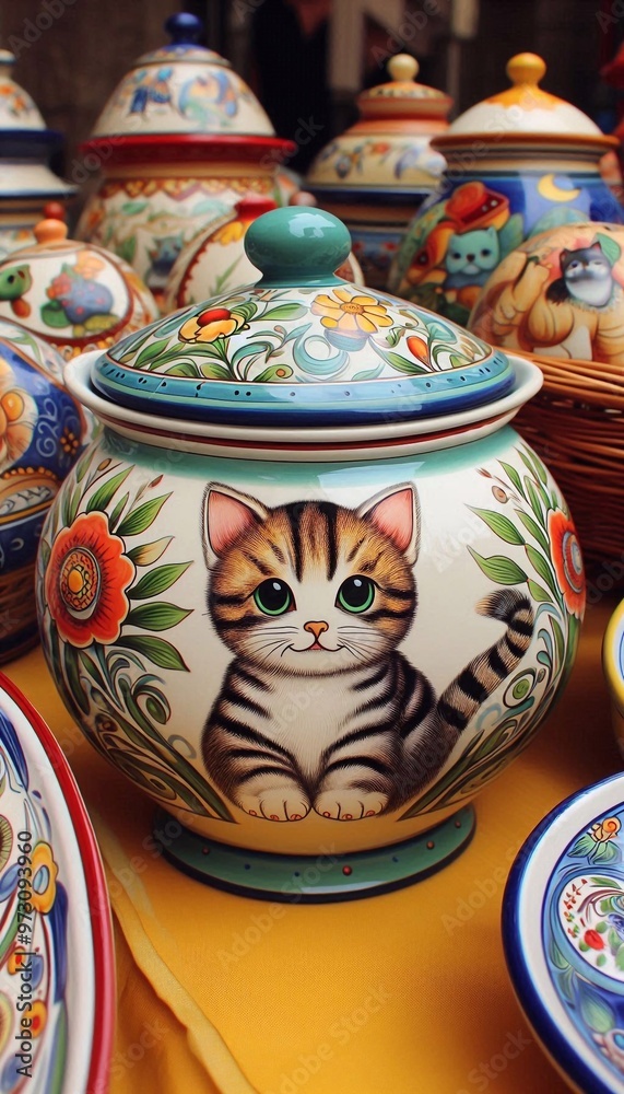 italienische Töpferware mit einem Katzenmotiv auf einem Markt in Italien italienische Töpferware mit einem Katzenmotiv auf einem Markt in Italien