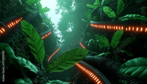 A forest scene where plants are growing around glowing cables and digital interfaces, symbolizing nature adapting to the technological world photo