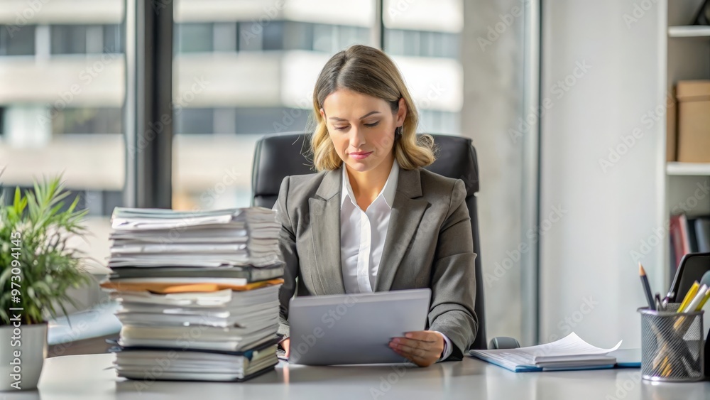 Workaholic female accountant with many Files at office desk Workaholic female accountant with many Files at office desk