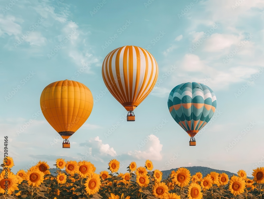Obraz premium A group of hot air balloons floating above a tropical island, clear turquoise waters below, Bright sunlight, clear sky, vibrant colors