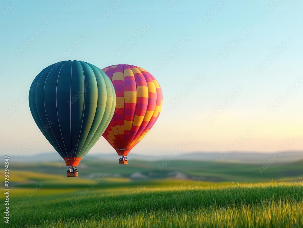 Fototapeta premium Hot air balloons drifting over a green meadow at sunrise, the sky painted with soft pastel colors, Peaceful, warm light, serene