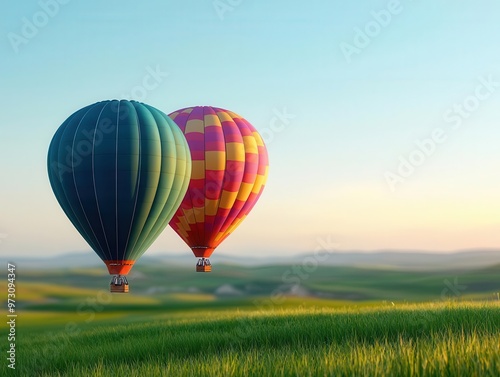 Hot air balloons drifting over a green meadow at sunrise, the sky painted with soft pastel colors, Peaceful, warm light, serene