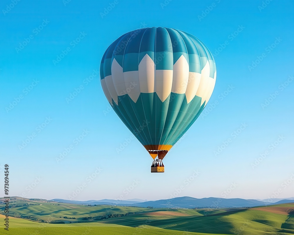Obraz premium A lone hot air balloon soaring over a wide expanse of rolling green hills under a clear blue sky, Peaceful, bright light, serene