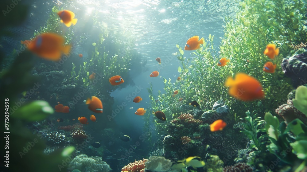 Naklejka premium Develop an animation of a serene underwater world, where colorful fish swim gracefully, coral reefs sway gently,