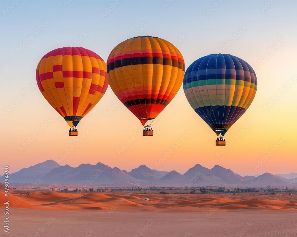 Fototapeta premium Hot air balloons soaring above a quiet desert at sunset, the clear sky glowing in soft hues of pink and orange, Serene, warm tones, peaceful
