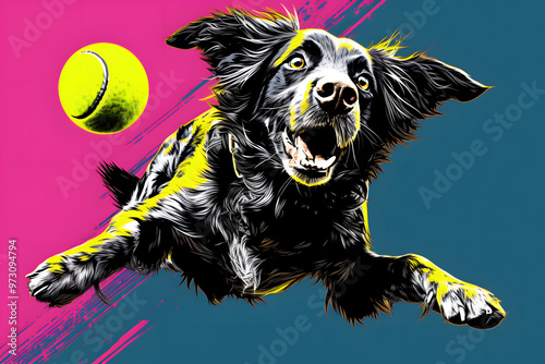 pop art style illustrated ldog catching a tennic ball, dog catching a tennis ball photo