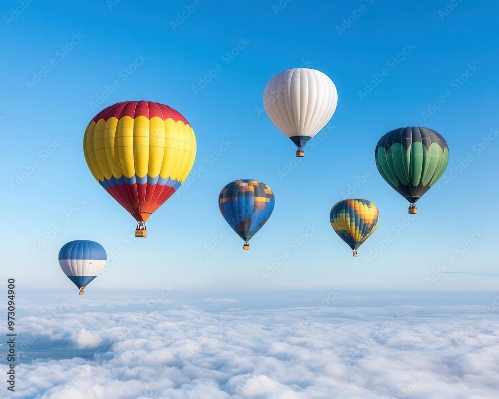 Naklejka premium A group of hot air balloons floating high above the clouds, with the clear blue sky stretching endlessly, Dreamlike, bright light, ethereal