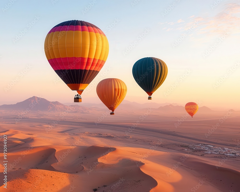 Obraz premium Hot air balloons soaring above a quiet desert at sunset, the clear sky glowing in soft hues of pink and orange, Serene, warm tones, peaceful