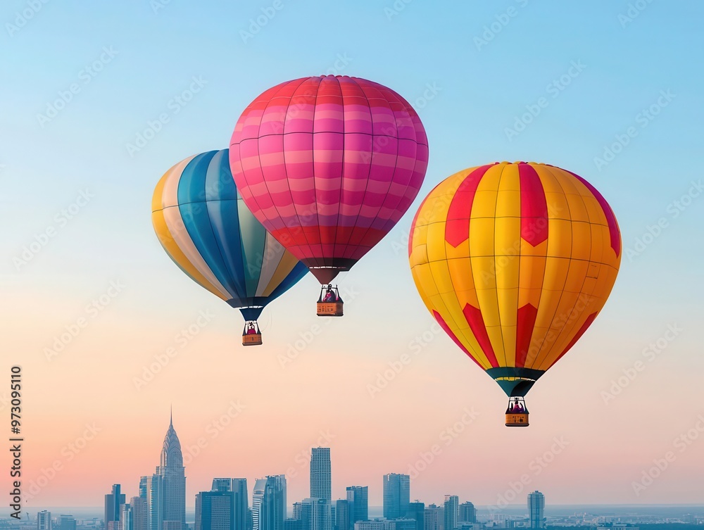 Fototapeta premium Colorful hot air balloons rising over a cityscape at dawn, with the skyline silhouetted against the clear sky, Urban landscape, soft light, vibrant colors