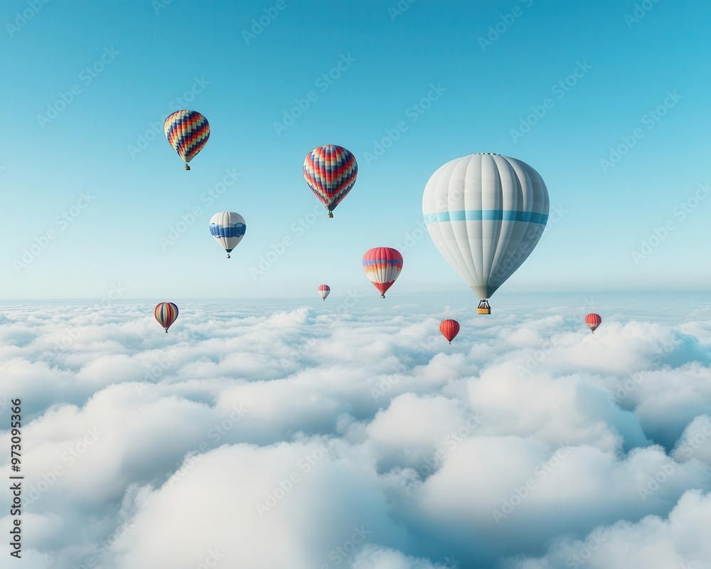 Fototapeta premium A group of hot air balloons floating high above the clouds, with the clear blue sky stretching endlessly, Dreamlike, bright light, ethereal