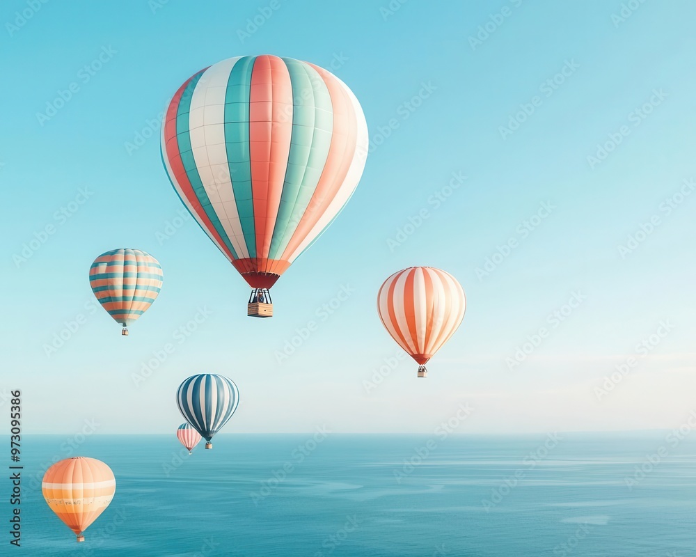 A cluster of hot air balloons drifting over a calm sea, clear sky, the horizon stretching endlessly, Serene, soft light, pastel colors A cluster of hot air balloons drifting over a calm sea, clear sky, the horizon stretching endlessly, Serene, soft light, pastel colors