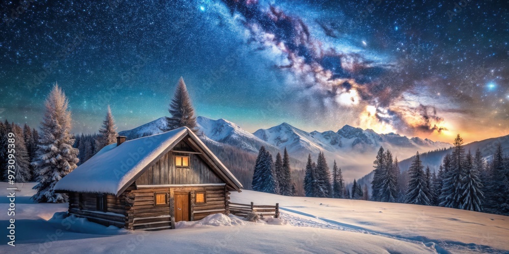 Fototapeta premium Fantastic winter landscape with cozy wooden house nestled in snowy mountains under a starry sky with milky way, ideal for Christmas holiday and winter vacations