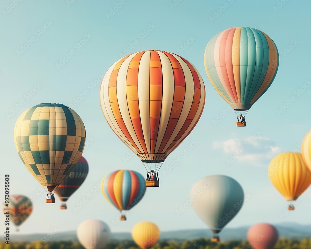 A cluster of hot air balloons floating over a city park on a bright clear day, Urban landscape, cheerful atmosphere, soft light A cluster of hot air balloons floating over a city park on a bright clear day, Urban landscape, cheerful atmosphere, soft light