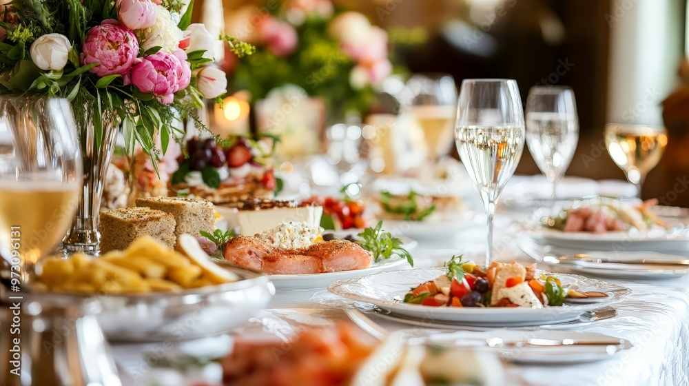 Envision a Mother Day brunch at a fancy restaurant with elegant table settings, a variety of dishes, and live music.