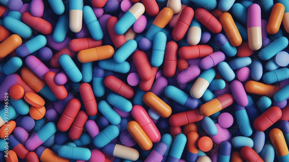 Colorful array of pharmaceutical capsules and pills scattered across the frame, showcasing a vibrant palette of blue, pink, orange, and purple medications. Colorful array of pharmaceutical capsules and pills scattered across the frame, showcasing a vibrant palette of blue, pink, orange, and purple medications.