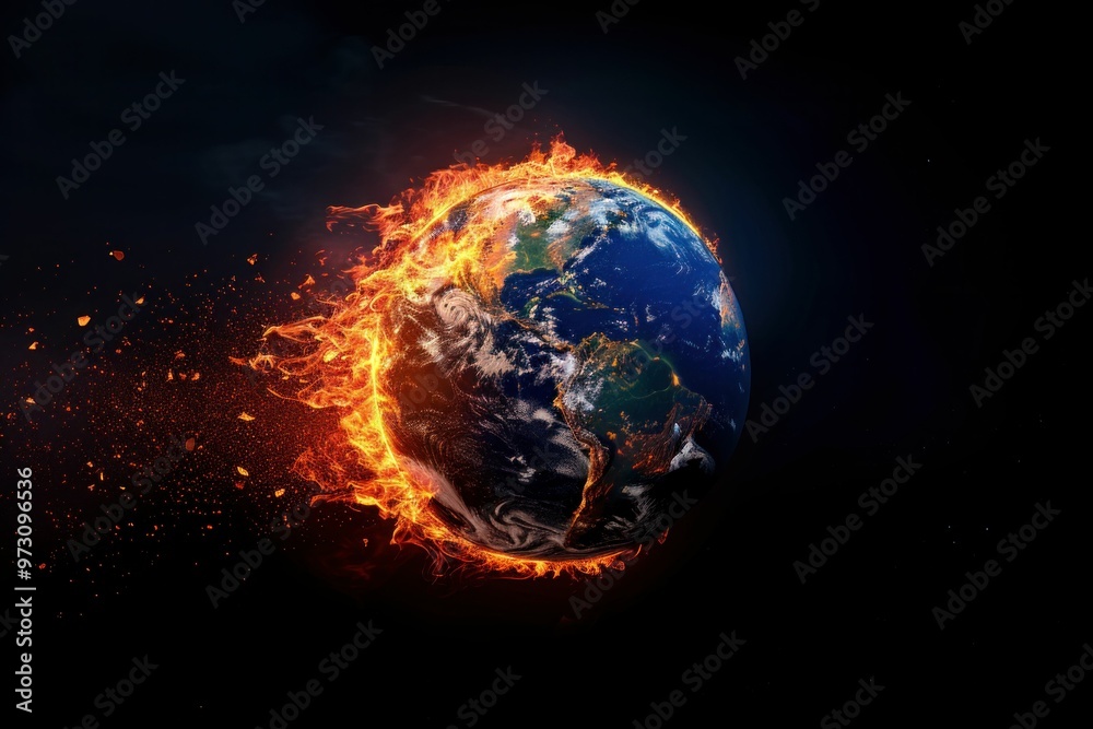 A fiery planet Earth engulfed in flames, set against a dark cosmic background, showcasing a dramatic representation of climate change and environmental urgency A fiery planet Earth engulfed in flames, set against a dark cosmic background, showcasing a dramatic representation of climate change and environmental urgency