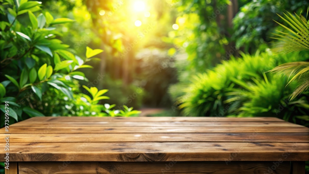 Wooden table in serene garden setting with lush green foliage in the background Wooden table in serene garden setting with lush green foliage in the background