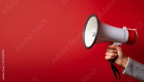 person shouting through megaphone. Hand holding a megaphone announces sales and discounts. Marketing and commercial concept banner with copy space, made with Generative Al.