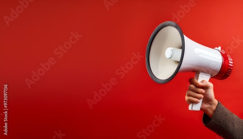 person shouting through megaphone. Hand holding a megaphone announces sales and discounts. Marketing and commercial concept banner with copy space, made with Generative Al.