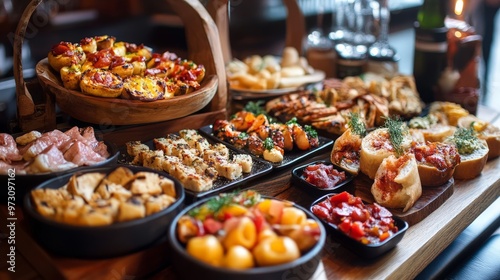 Experience the vibrant energy of a tapas bar, where small plates of Spanish delicacies are shared among friends