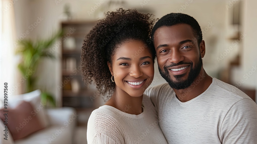 Portrait of a smiling Black couple in a home setting Portrait of a smiling Black couple in a home setting