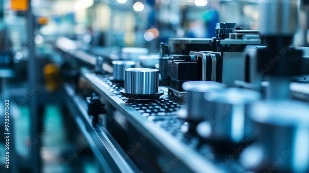 Close-up view of a modern manufacturing assembly line with precision metal components moving along a conveyor belt, showcasing industrial automation technology. Close-up view of a modern manufacturing assembly line with precision metal components moving along a conveyor belt, showcasing industrial automation technology.