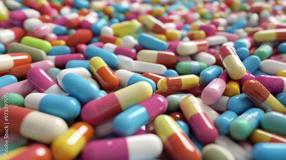Colorful array of pharmaceutical capsules and pills scattered across surface, showcasing variety in medication forms and hues. Close-up view highlights diversity. Colorful array of pharmaceutical capsules and pills scattered across surface, showcasing variety in medication forms and hues. Close-up view highlights diversity.