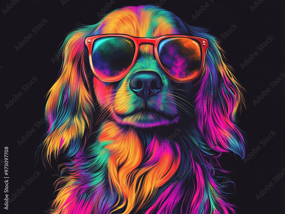 Naklejka premium Colorful Synthwave style cute dog with sunglasses, dark black background, Portrait, digital illustration ai art style. synthwave dog. Illustrations 