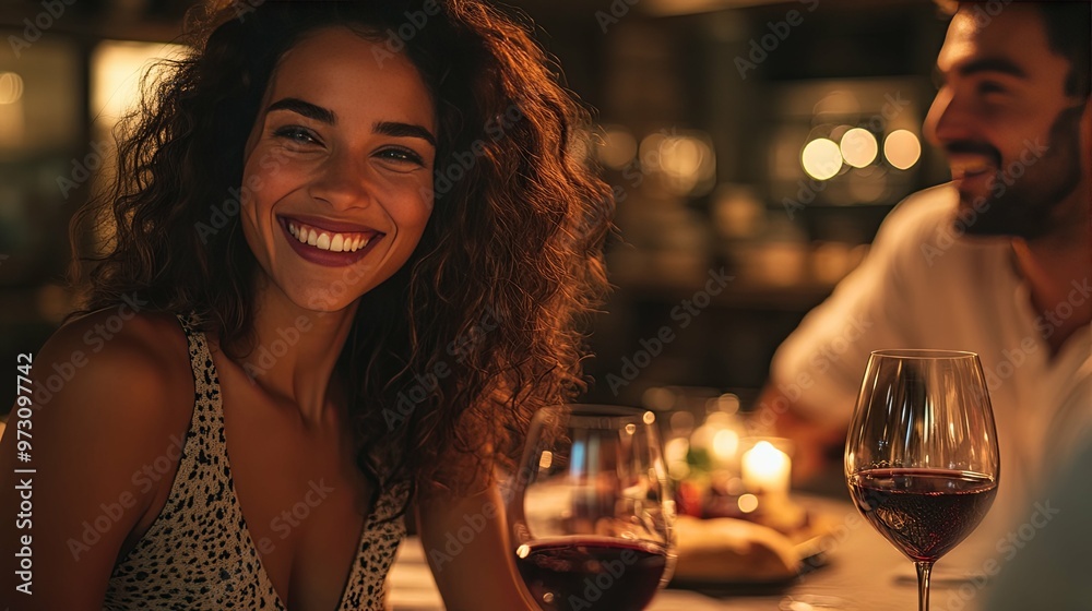A Woman Smiling with a Glass of Red Wine at a Dinner Table A Woman Smiling with a Glass of Red Wine at a Dinner Table