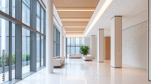 Modern interior hallway with large windows, minimalist design, and green plant, showcasing light-filled spaciousness.