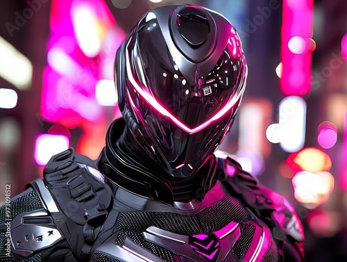 A cyberpunkthemed character with chrome armor and accessories, standing against a neonlit urban backdrop, capturing a blend of futuristic and gritty aesthetics, photo